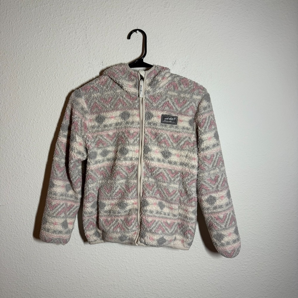Eddie Bauer Jacket Girls M(10-12) Gray Aztec Sherpa Fleece Hooded Logo Full Zip
